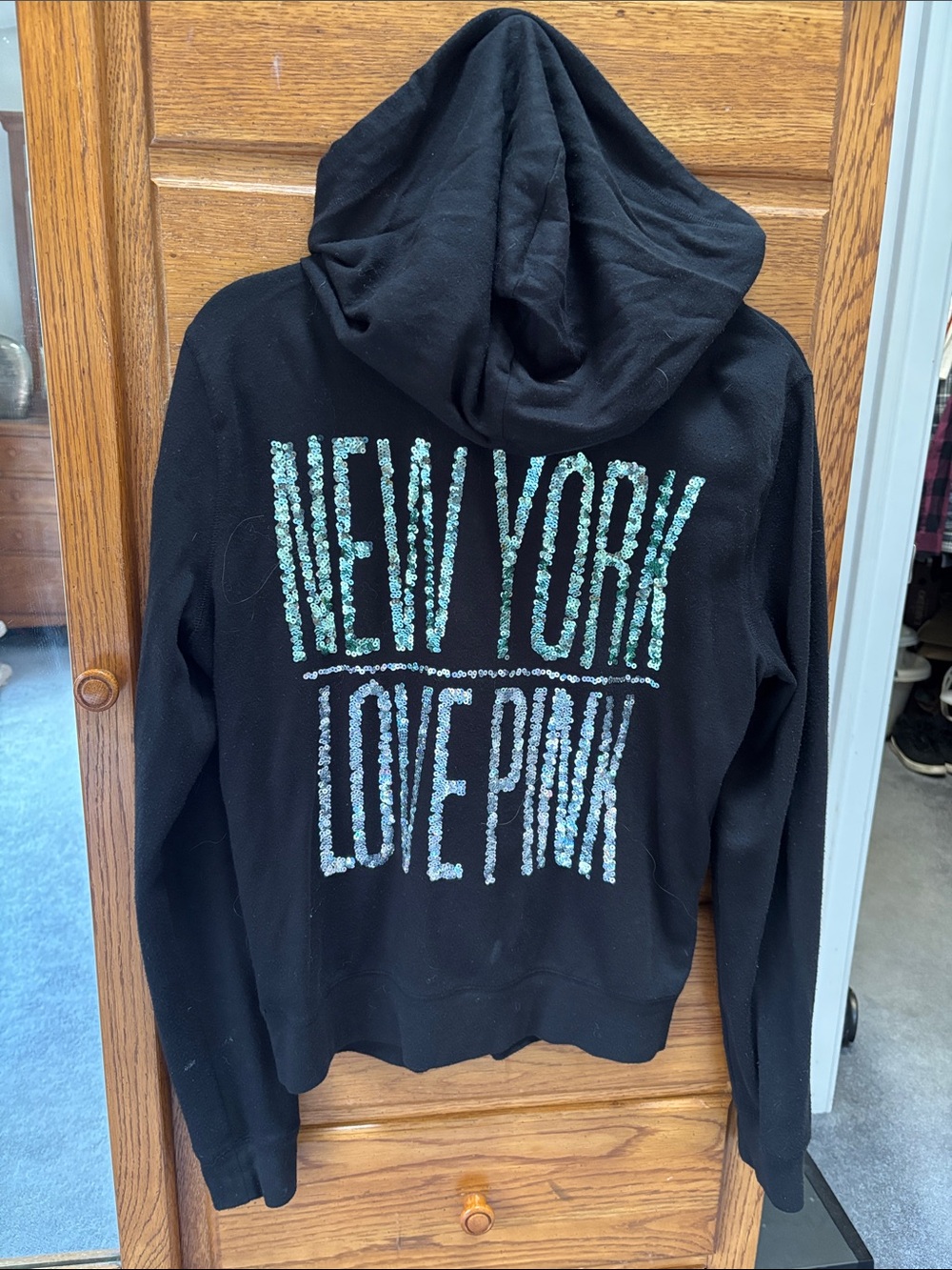 Love Pink New York Sequin Logo Black Hoodie